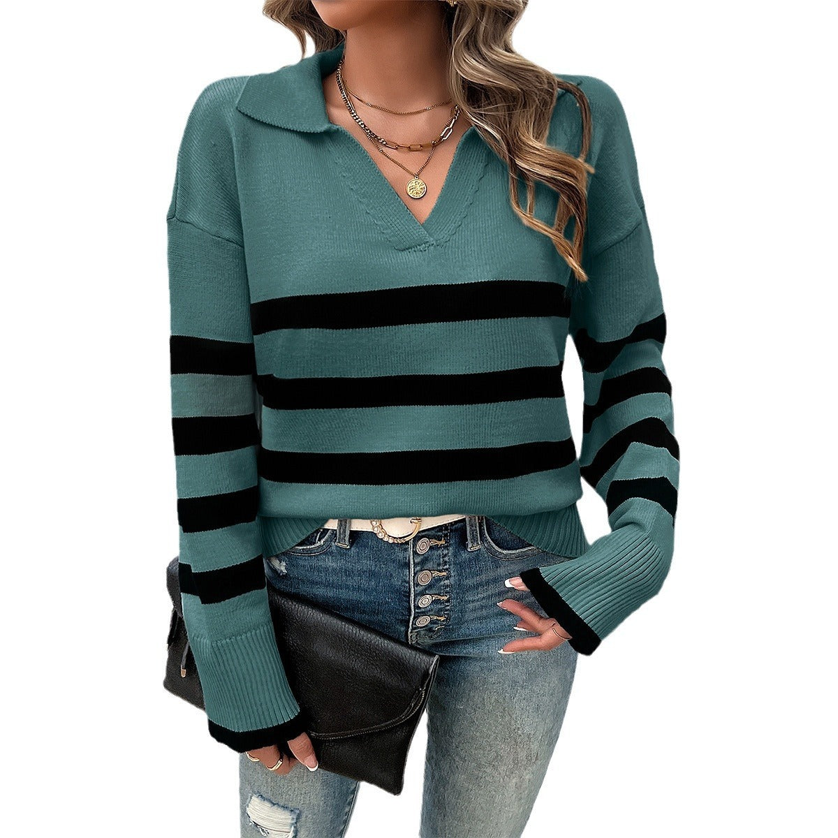 European and American autumn and winter women's casual loose striped contrasting lapel sweater top for women