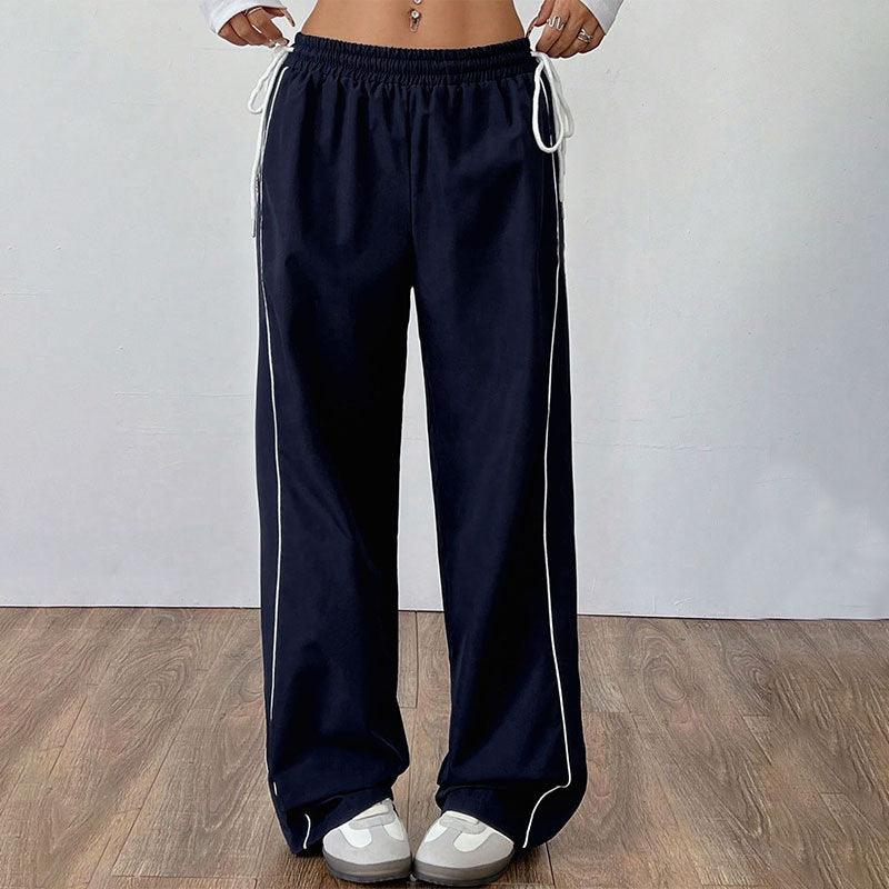 Side striped elastic waistband drawstring pants for women