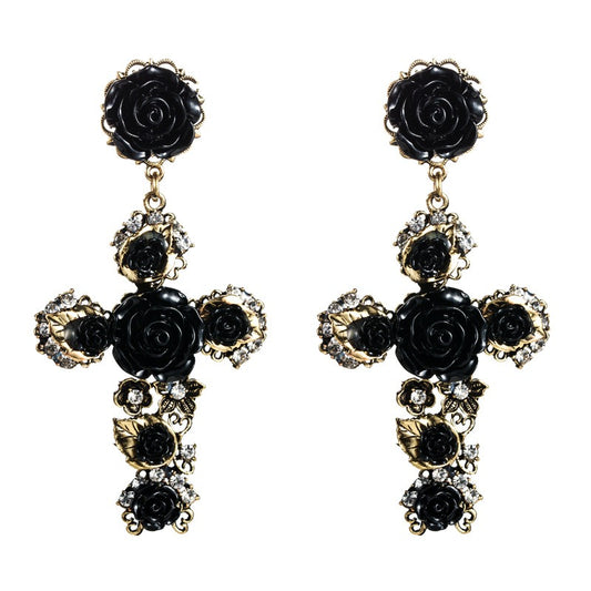 Fashionable Baroque Rose Flower Cross Long Earrings Retro European and American Earrings