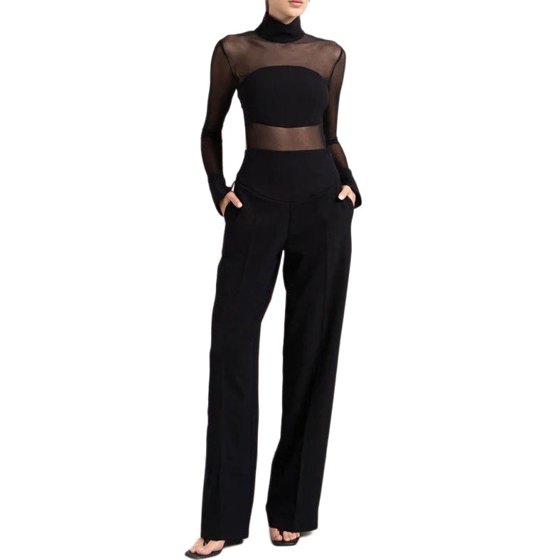 black high-neck mesh long sleeve top + high-waisted pants two-piece set, elegant office wear outfit