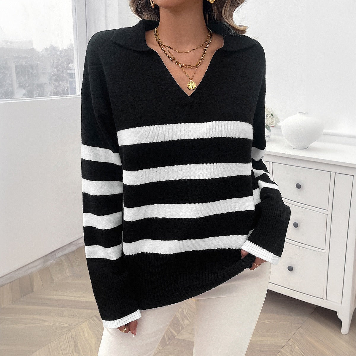 European and American autumn and winter women's casual loose striped contrasting lapel sweater top for women
