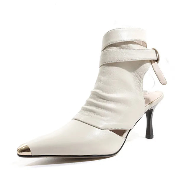 Fall fashion Shoes Sheepskin Big Size 34-42 Women Sandals Thin High Heel 7.5 CM Lace Up Metal Pointed Toe