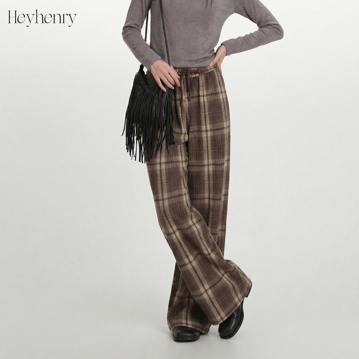 Plaid Casual Pants Women Vintage Straight Loose Wide Leg Pants