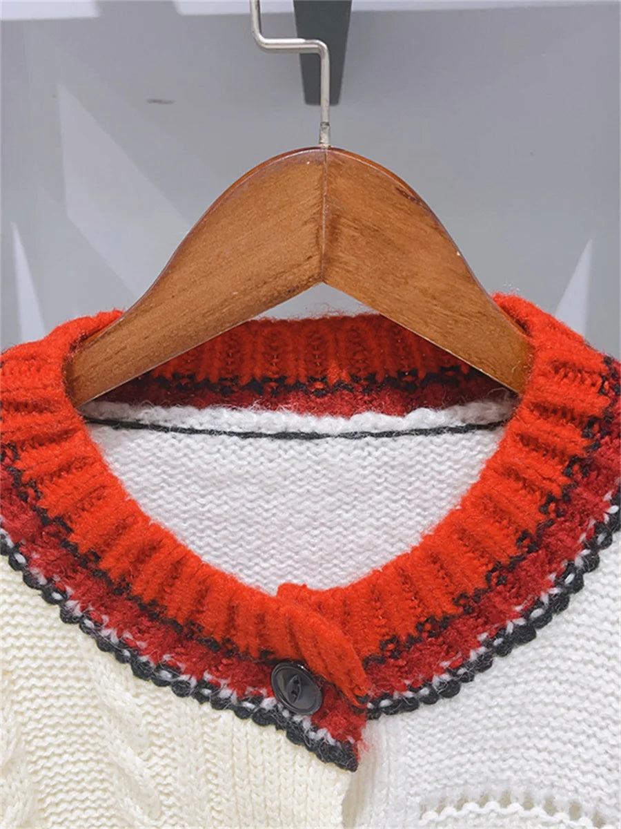 Contrast Color O-Neck Women Twisted Knitted Sweater Long Sleeve Single Breasted Asymmetry Autumn Female Cardigan