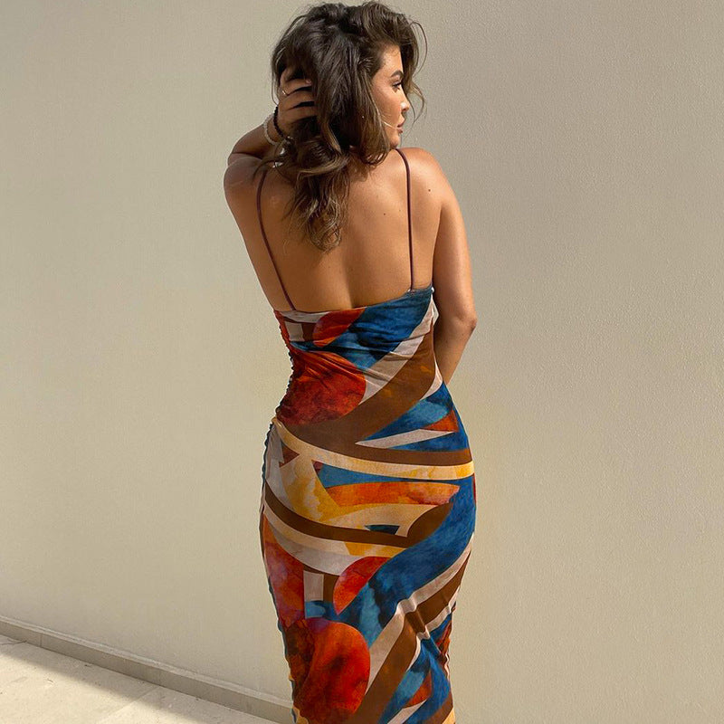 Women Fashion Autumn Sleeveless Printed Bodycon Long Pencil Strap Dress Fall Clothes Streetwear