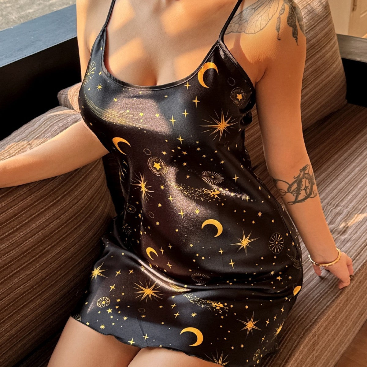 Elegant Star and Moon Pattern Strappy Satin-like Silk Sleep Dress for Women LightweightLoose Fit, Nightwear
