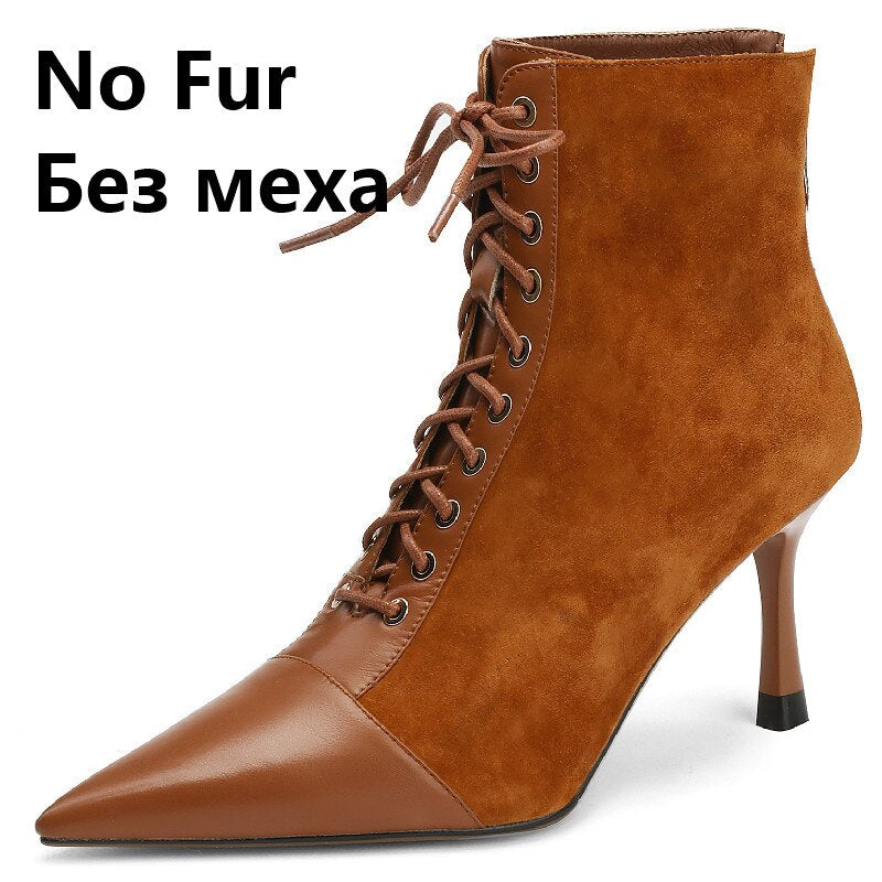 Elegant Women Ankle Boots Pointed Toe Thin High Heels Female Office Genuine Leather Cross-Tied Shoes Woman
