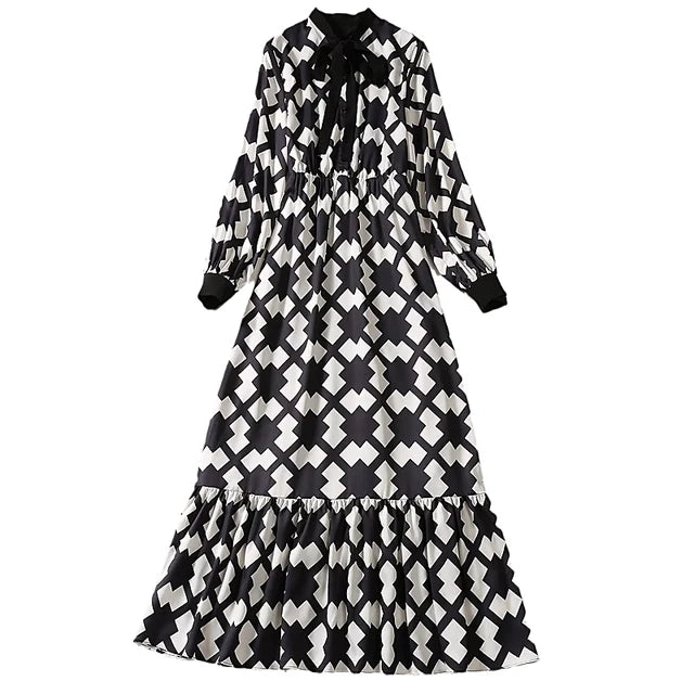 New High Quality Spring Autumn Fashion Party Black And White Printed Lace Up Slim Vintage Elegant Casual Long Dresses For Women