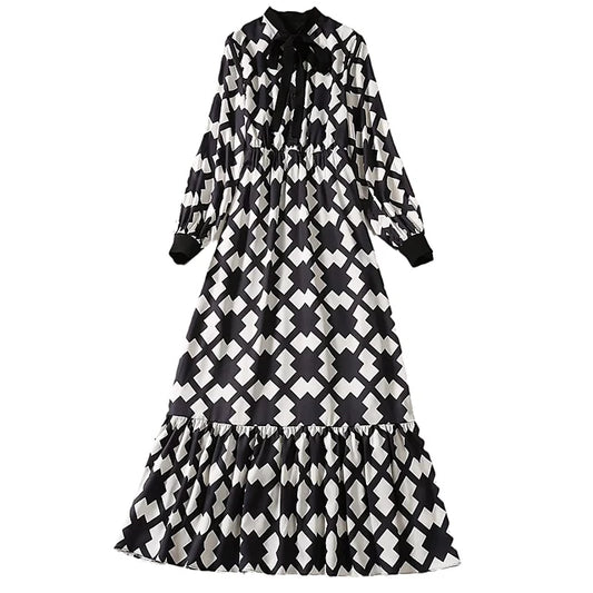 New High Quality Spring Autumn Fashion Party Black And White Printed Lace Up Slim Vintage Elegant Casual Long Dresses For Women