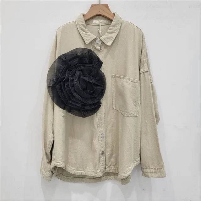 Pleated Flower Decoration Denim Shirt Top For Women  Autumn New Fashion Loose Versatile Casual Blouse Female