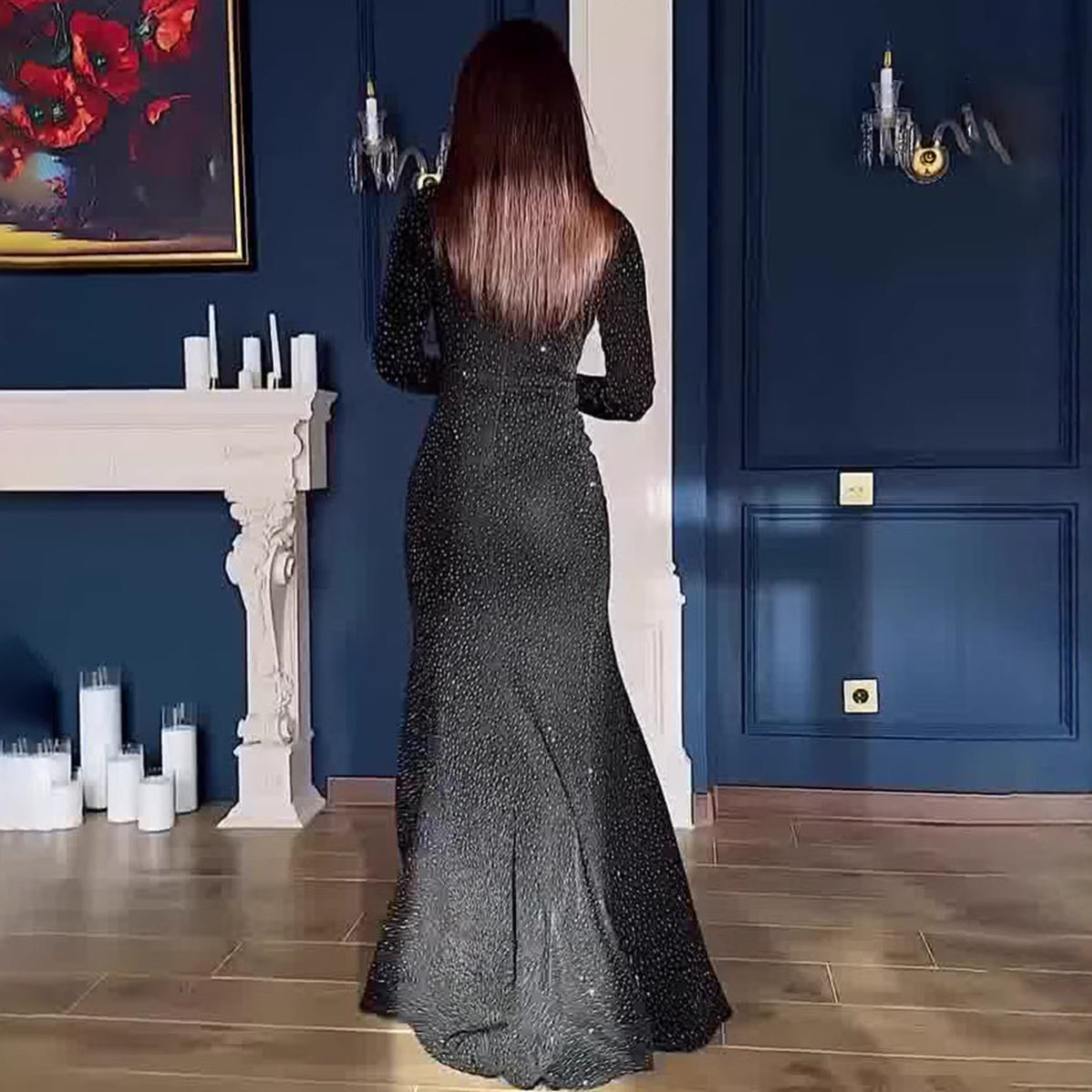 Elegant and Sophisticated Dress for Women Fitted, Spring Long Sleeve Maxi Dress, Black