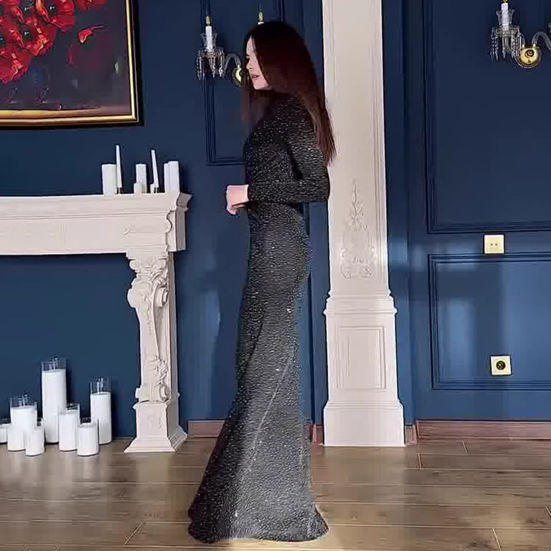 Elegant and Sophisticated Dress for Women Fitted, Spring Long Sleeve Maxi Dress, Black