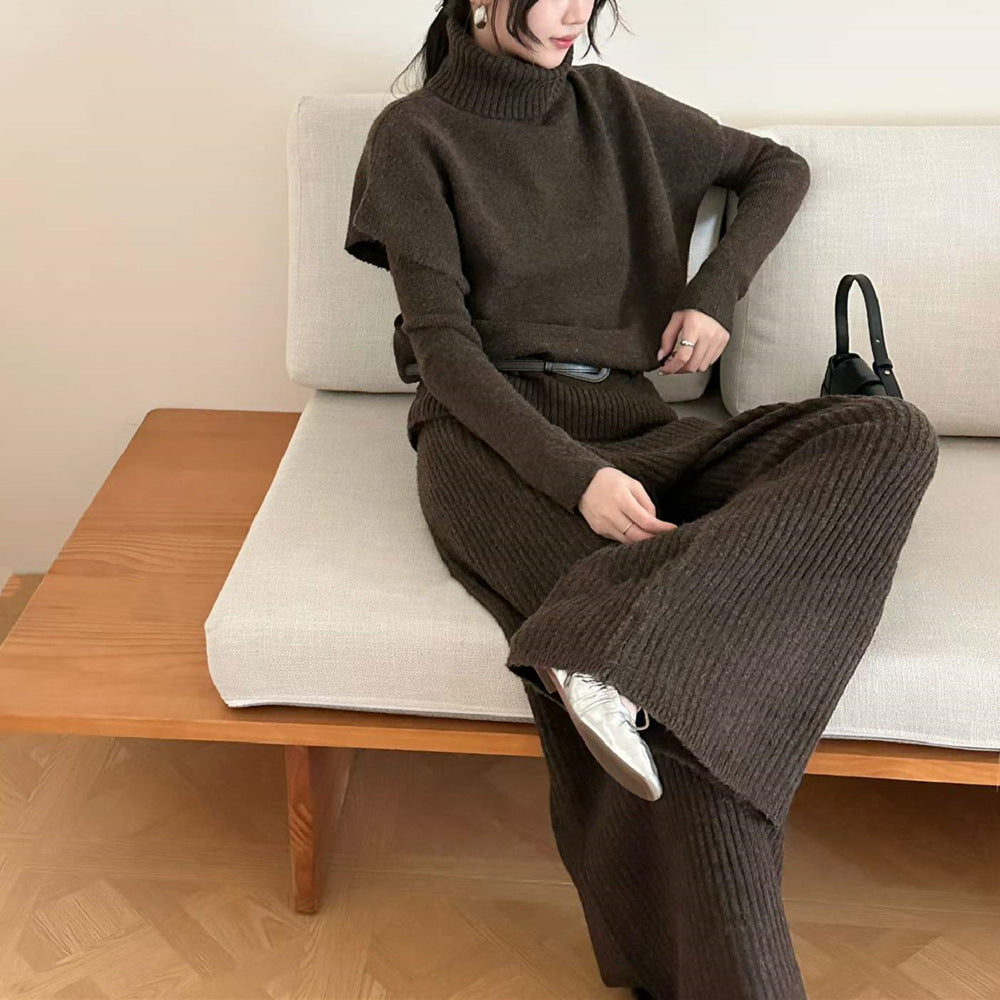 High neck sleeveless sweater, long sleeved base shirt, wide leg pants, three piece set