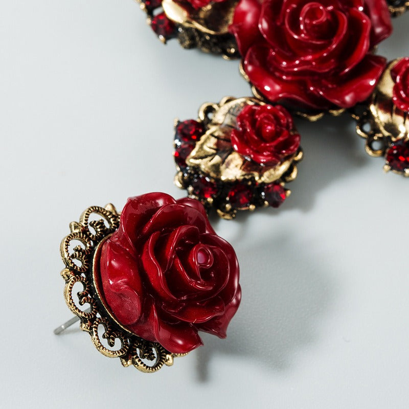 Fashionable Baroque Rose Flower Cross Long Earrings Retro European and American Earrings