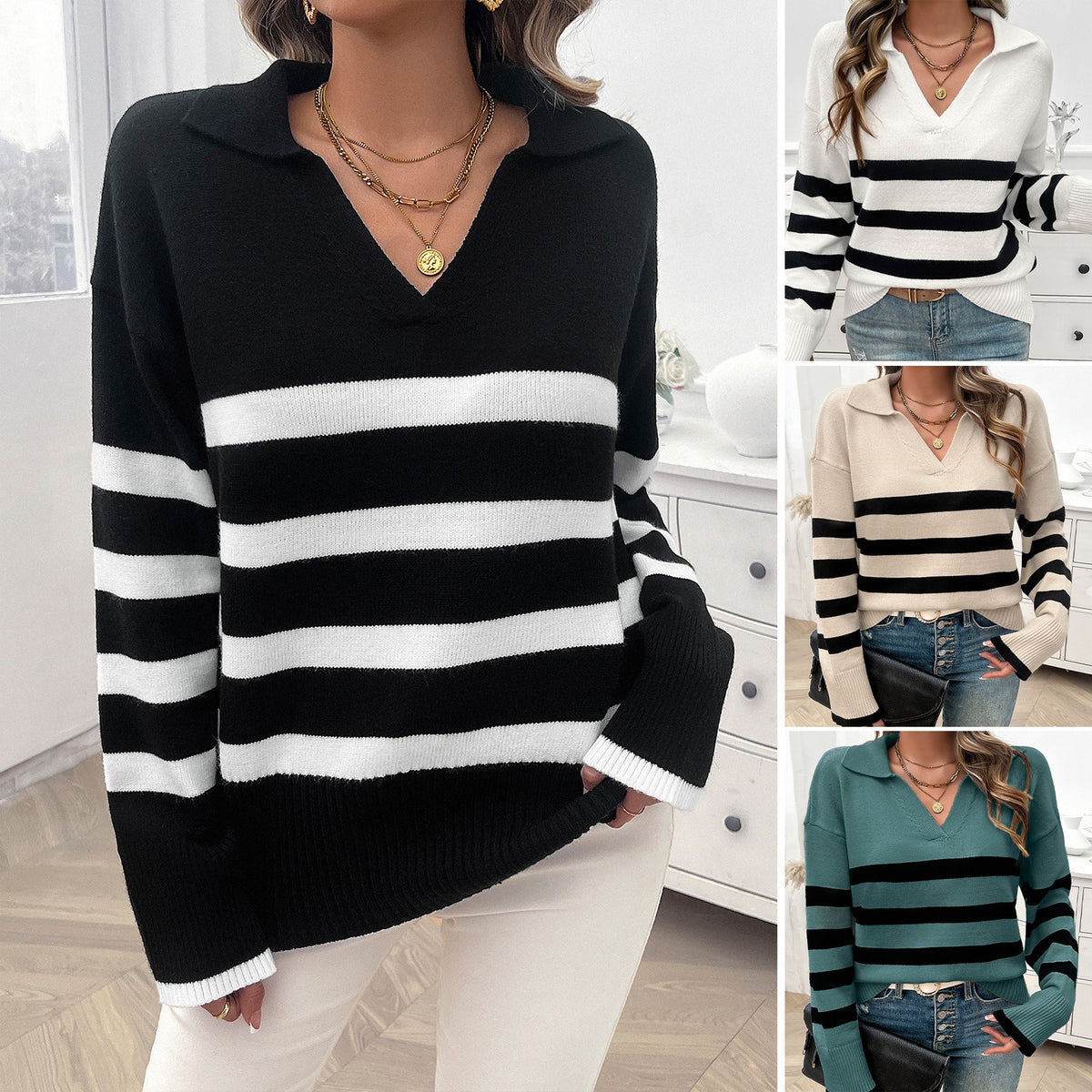 European and American autumn and winter women's casual loose striped contrasting lapel sweater top for women