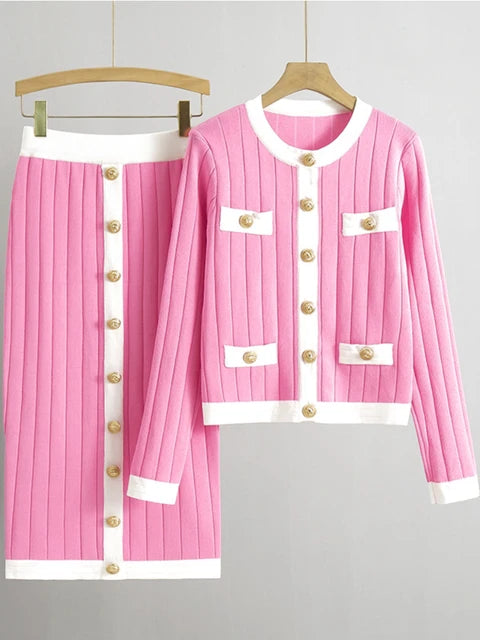 Elegant Temperament Womens Two Piece Set Autumn Winter French Knitted Cardigan Jacket Black Half Skirt Sets Office Commuting Kit