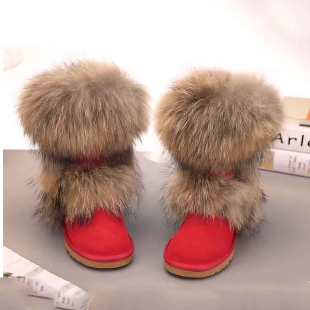 New Fashion Big Fox Fur Woman Snow Boots Lady Winter Boots Genuine Cowhide Leather Mid-calf Warm Boots Women Boots Shoes
