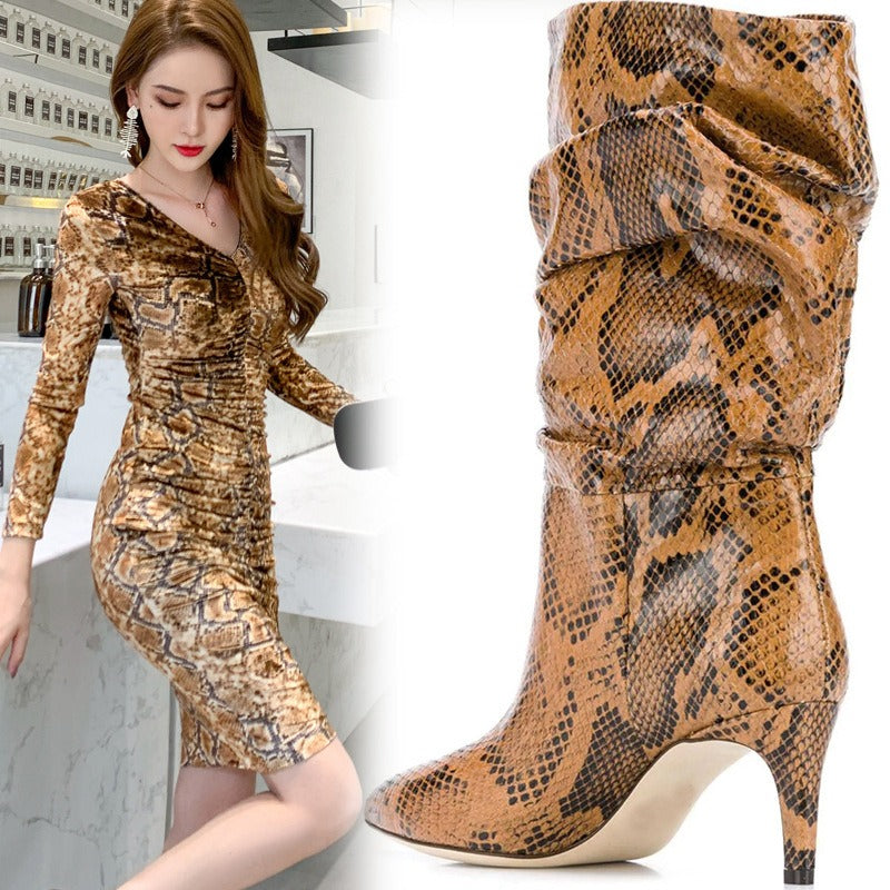 Women Fold Over Boots Pointed Toe Handmade Female Fashion Mid-Calf Boots Snake Microfiber High Boots Party Shoes