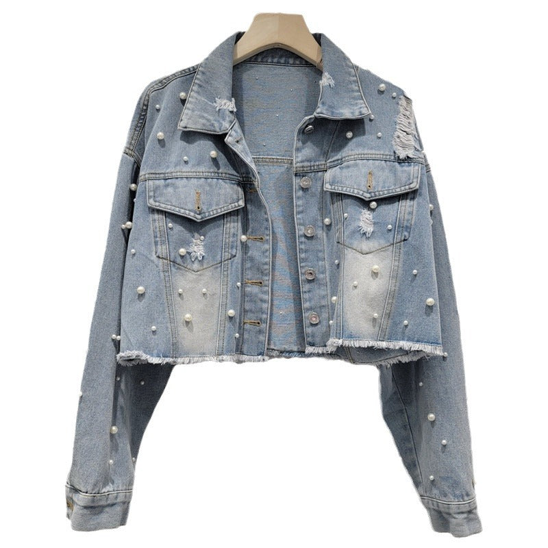 Badge of Pearls Distressed Washed Single Breasted Short Jackets  Autumn New Fashion