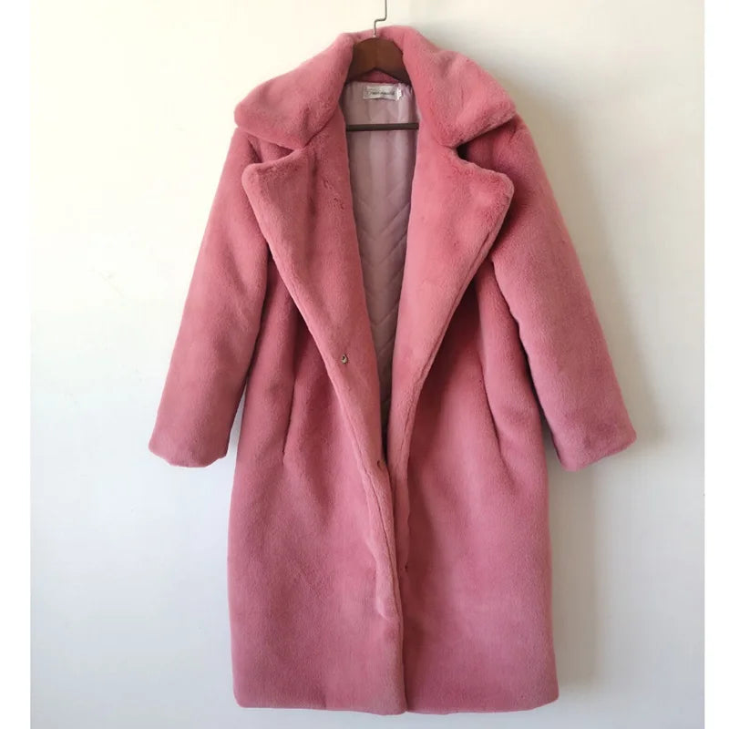 Winter Women High Quality Faux Rabbit Fur Coat Luxury Long Fur Coat Loose Lapel OverCoat Thick Warm Plus Size Female Plush Coats