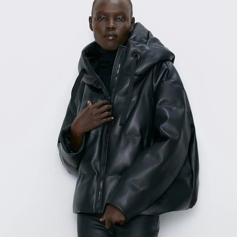 Fandy Lokar Hooded Faux Leather Parkas Women Fashion PU Leather Coats Women Elegant Zipper Cotton Jackets Female Ladies IT