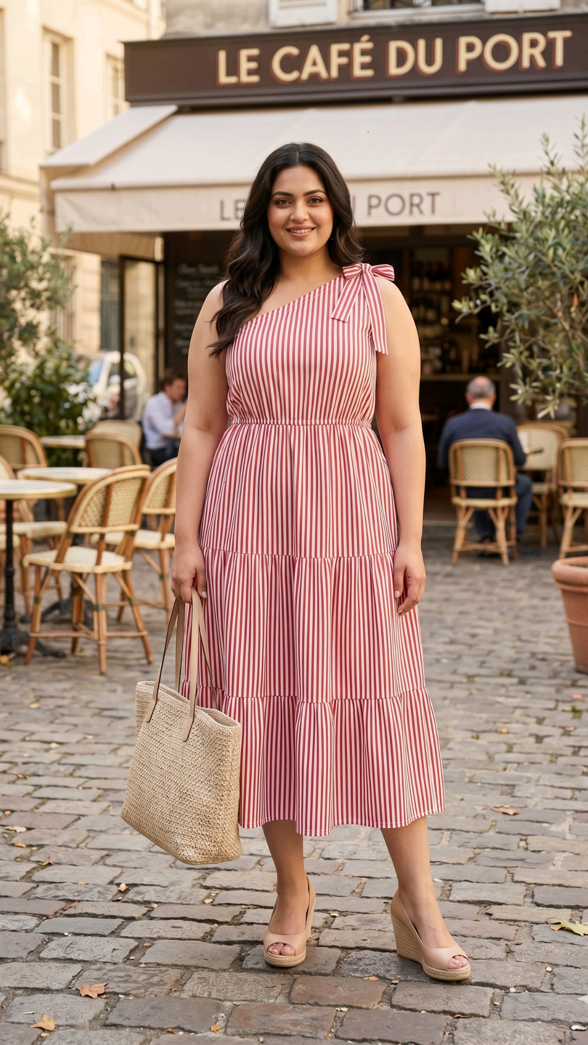 Plus Size Red Printed Cotton One Shoulder Midi Dress for Women – Stylish Casual Wear