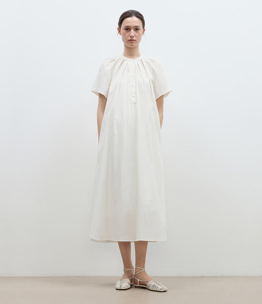 "First Love Island" Cotton Stand Collar Pleated Short Sleeve Shirt Dress for Women