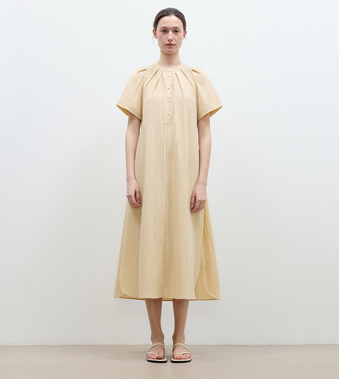 "First Love Island" Cotton Stand Collar Pleated Short Sleeve Shirt Dress for Women