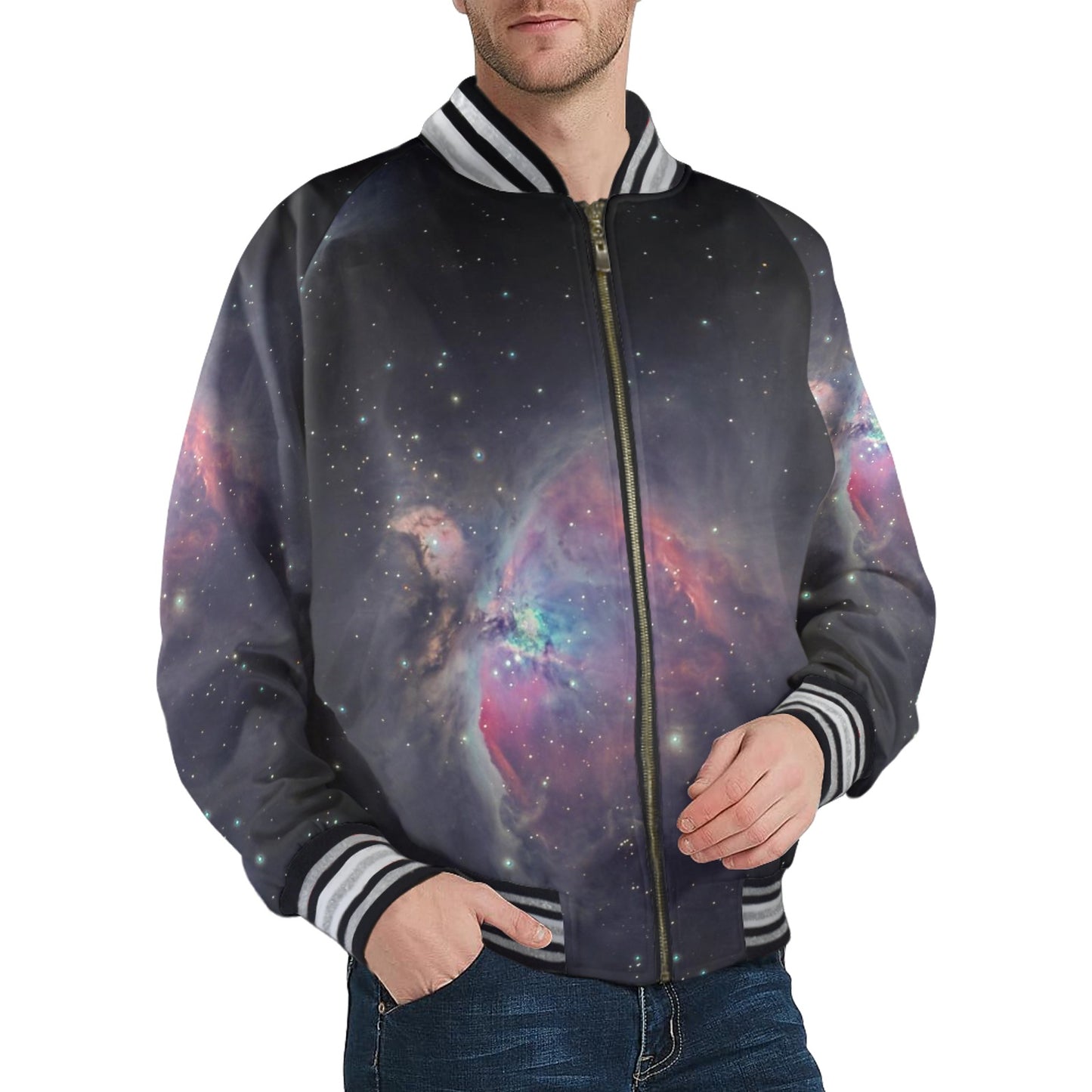 Saturn Uranus Men's Striped Trim Bomber Jacket