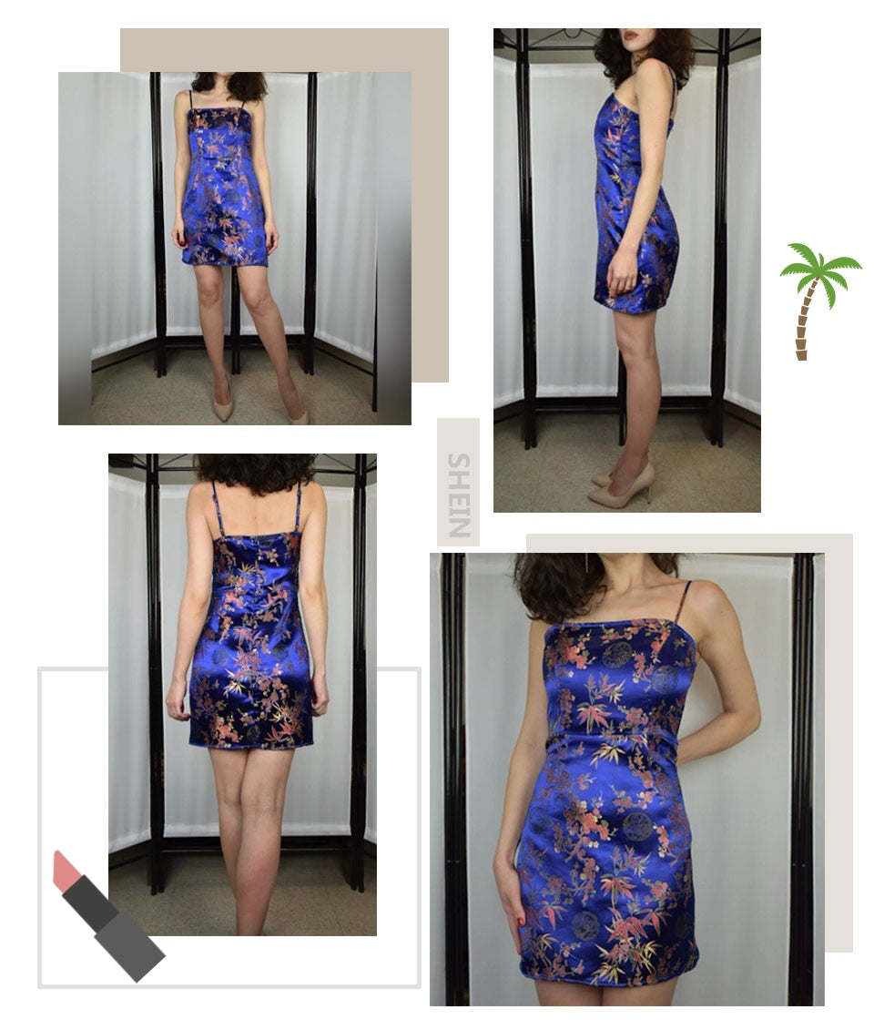 Navy Silky Floral Jacquard Spaghetti Strap Slim Fit Cami Dress Women Summer Sexy Night Out Bodycon Party Dresses