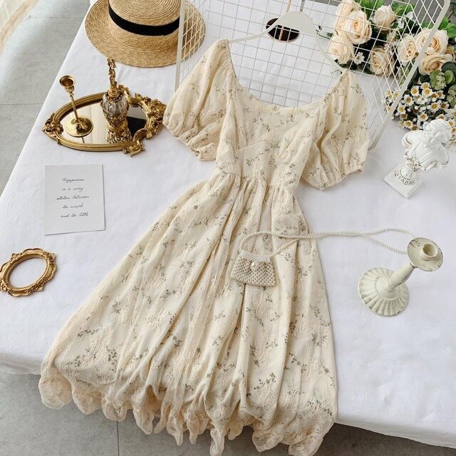 High Waist Casual Party Dress Summer Fashion O Neck Short Puff Sleeve Foamlina Women Vintage Style Floral Lace Dress