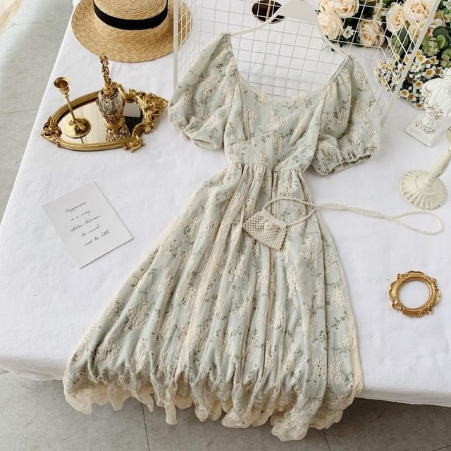 High Waist Casual Party Dress Summer Fashion O Neck Short Puff Sleeve Foamlina Women Vintage Style Floral Lace Dress