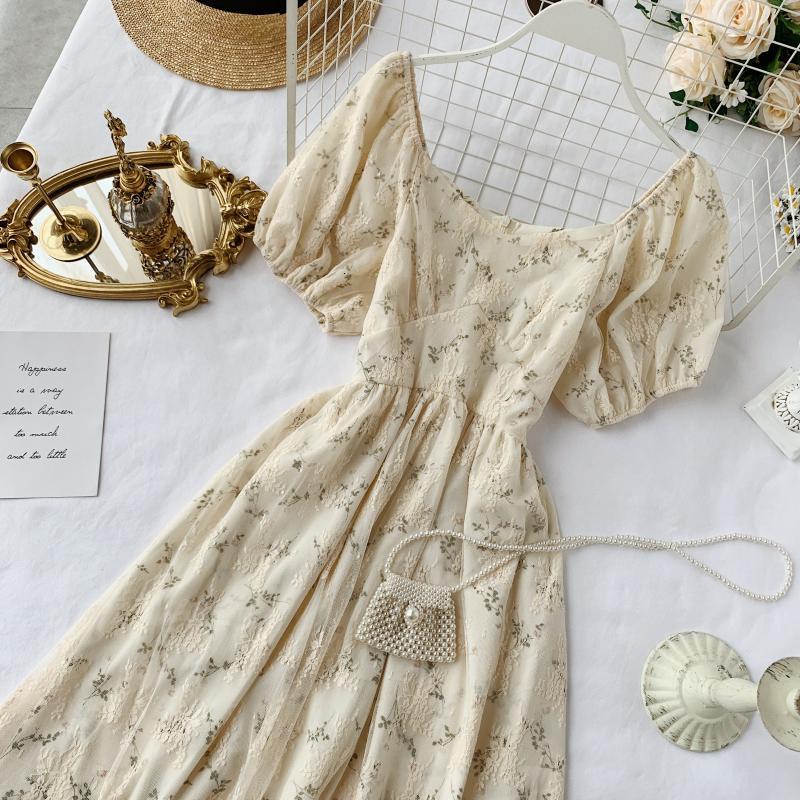 High Waist Casual Party Dress Summer Fashion O Neck Short Puff Sleeve Foamlina Women Vintage Style Floral Lace Dress