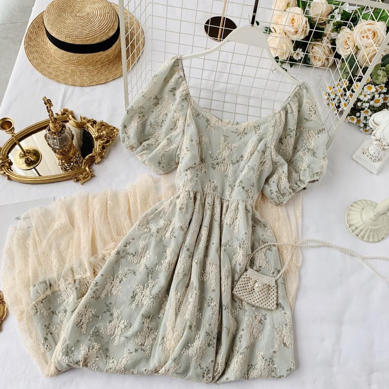 High Waist Casual Party Dress Summer Fashion O Neck Short Puff Sleeve Foamlina Women Vintage Style Floral Lace Dress