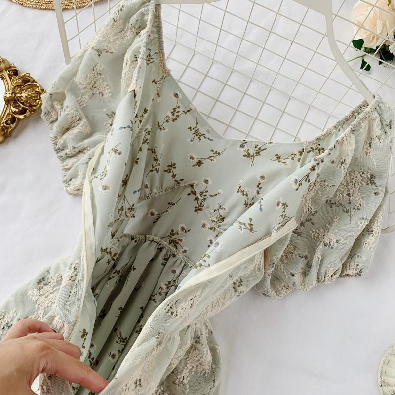 High Waist Casual Party Dress Summer Fashion O Neck Short Puff Sleeve Foamlina Women Vintage Style Floral Lace Dress