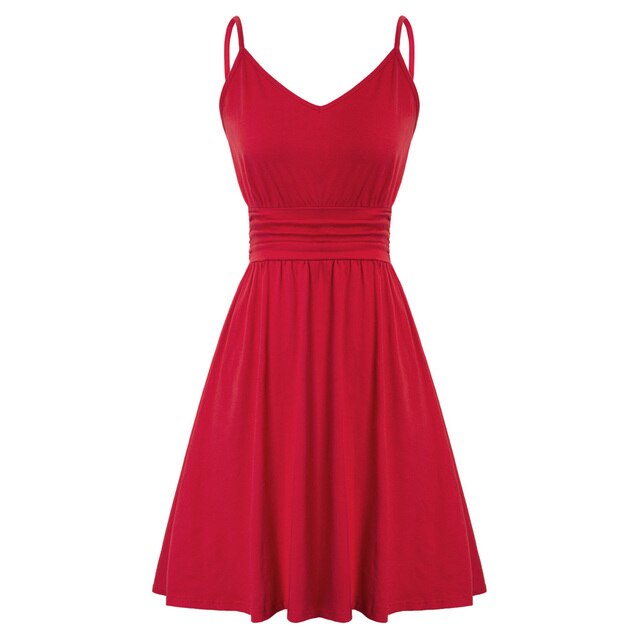 Summer Women Dresses Fashion Short Dress Spaghetti Straps V-Neck Pleated Waist A-Line Sexy Solid Ruched Slim A Line Swing Dress