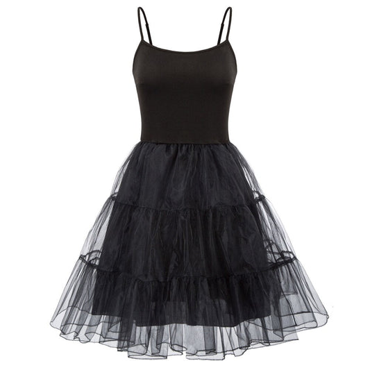 GK Women Spaghetti Strap dresses summer ladies elegant solid color 2-Layer Voile Vintage Dress Slip Petticoat Under A-line Dress